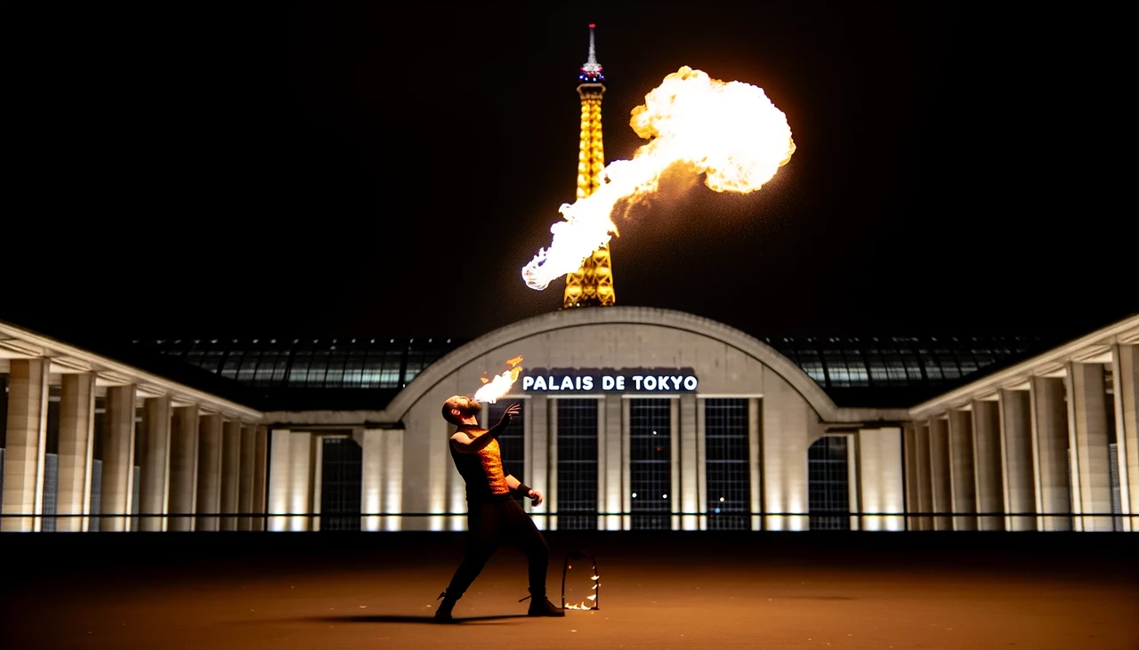 DALL·E 2024-02-12 23.55.08 - A firebreather performing in front of the Palais de Tokyo at night. The firebreather is in the act of breathing fire, creating a dramatic scene. Above